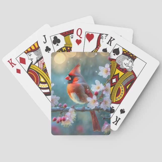 Männlicher Kardinal im Mondlicht Kirschblüten Spielkarten (Rückseite)