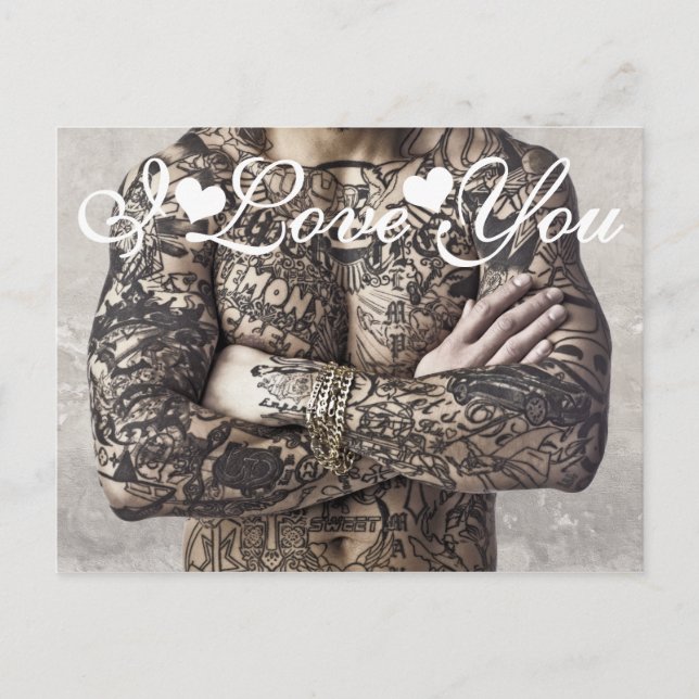 Männlicher Körper Tattoo Foto I Liebe Sie Postkarte (Vorderseite)