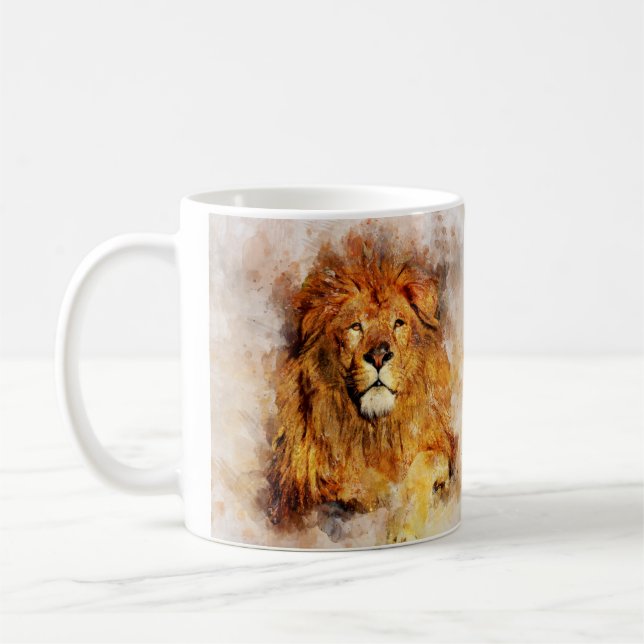 Männlicher Löwe mit großflächigem Wasserfarbportra Kaffeetasse (Links)