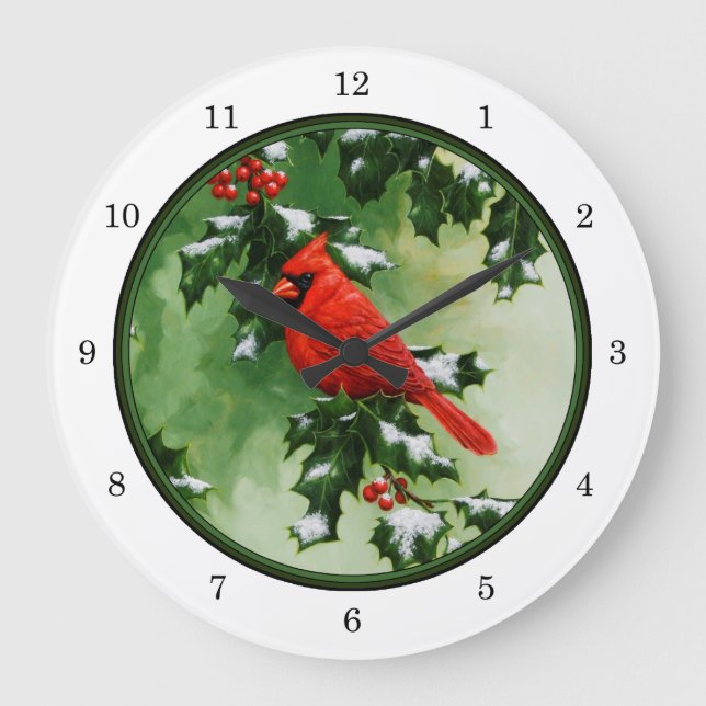 Männlicher nördlicher Kardinal und Holly Große Wanduhr (Vorderseite)