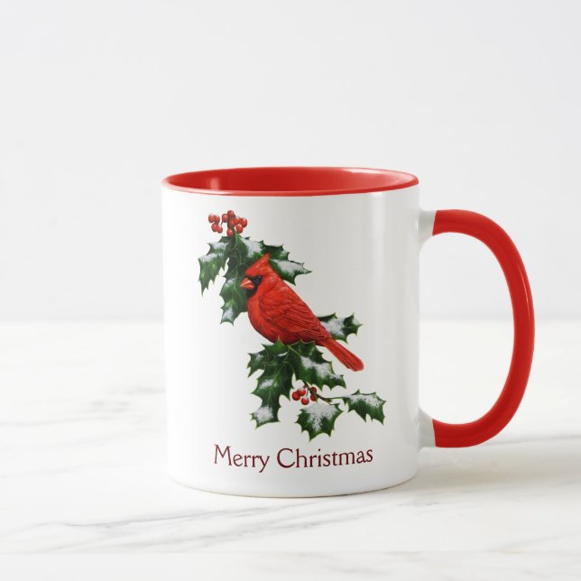 Männlicher nördlicher Kardinal und Holly Tasse (Rechts)