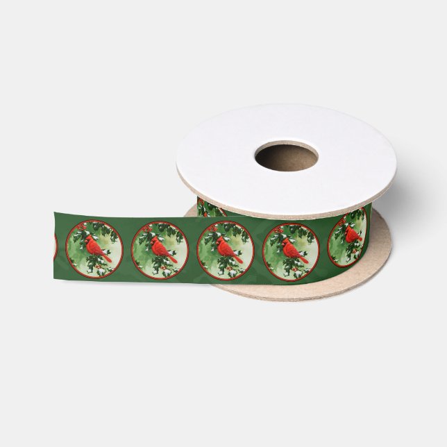Männlicher Roter Kardinal und Holly Green Satinband (Spule)