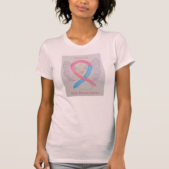 Männliches Brustkrebs-Bewusstsein Ribbon Angel Shi T-Shirt (Vorderseite)