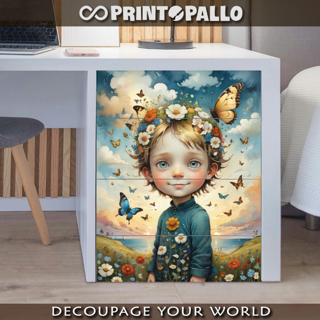 Männliches Kind mit Blume und Schmetterling im Frü Seidenpapier (Von Creator hochgeladen)