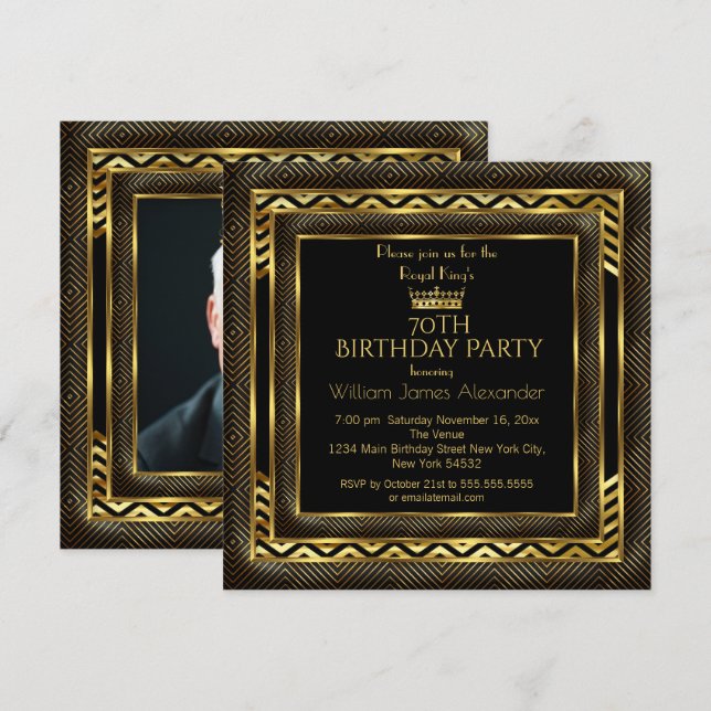 Mans Birthday Party Foto Crown Gold Art Deco Einladung (Vorne/Hinten)
