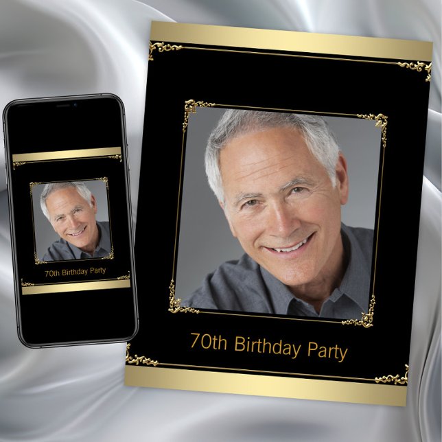 Mans Black and Gold Geburtstagsparty Einladung (Mans black gold any birthday party invitation. Instant download and printed invitations available.)