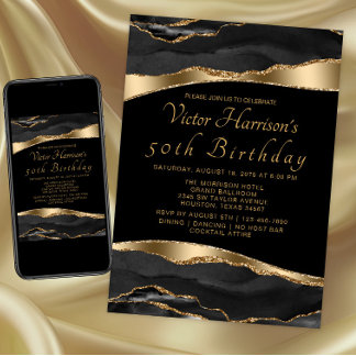 Mans Black Gold Agate Geburtstagsparty Einladung