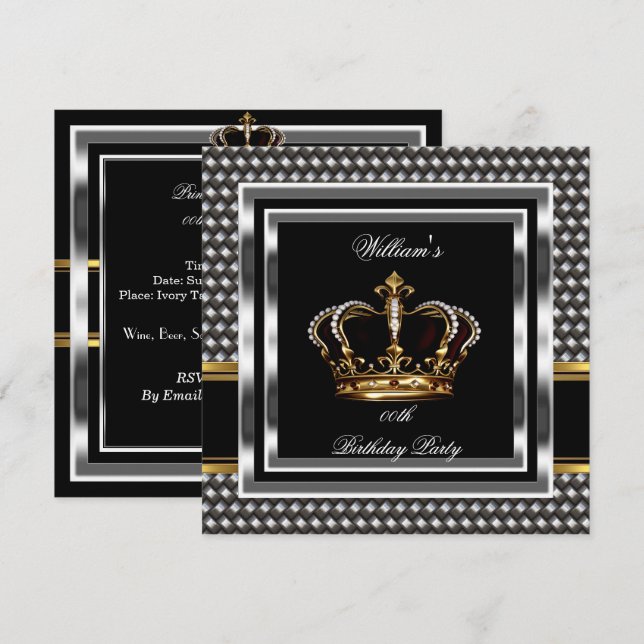 Mans EleganBlack Silver Birthday Prince King Einladung (Vorne/Hinten)