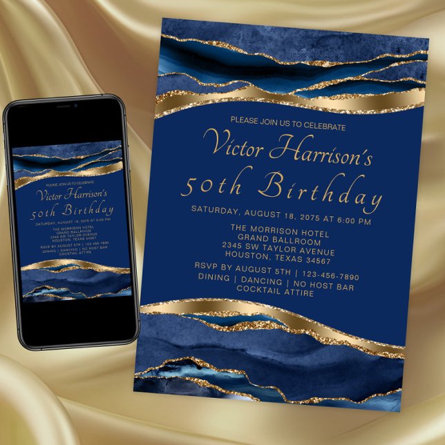 Mans Royal Blue Gold Agate Birthday Party Einladung (Blue gold any event invitation. Instant download and printed invitations available.)