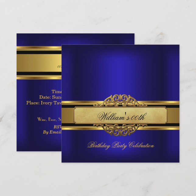 Mans Royal Blue Gold Birthday Party Mans Einladung (Vorne/Hinten)