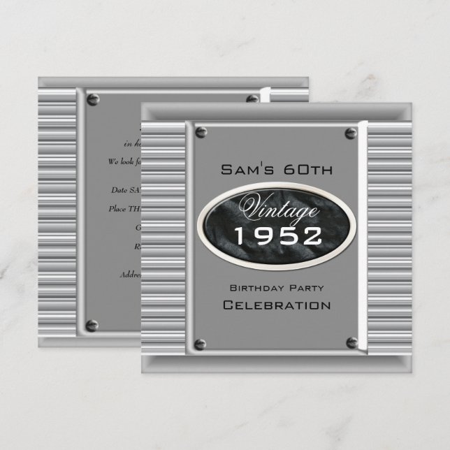 Mans Vintag 60. Silberschwarzer Geburtstag Einladung (Vorne/Hinten)