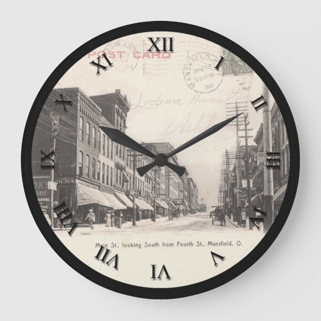 Mansfield Ohio Post Card Clock - Main St 1907 Große Wanduhr (Vorderseite)