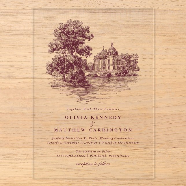Mansion Venue Old Money Aesthetic Burgund Wedding  Acryleinladungen (Vorderseite)