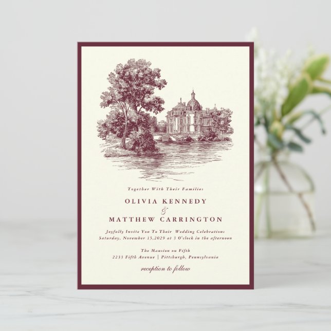 Mansion Venue Old Money Aesthetic Burgund Wedding  Einladung (Stehend Vorderseite)