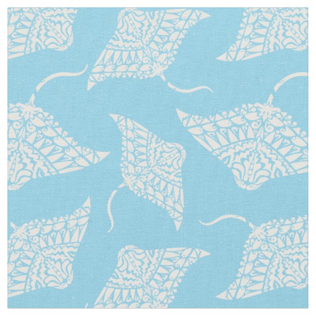 Manta Ray Pattern Tribal Tattoo Style Blau Weiß Stoff (Nahaufnahme)