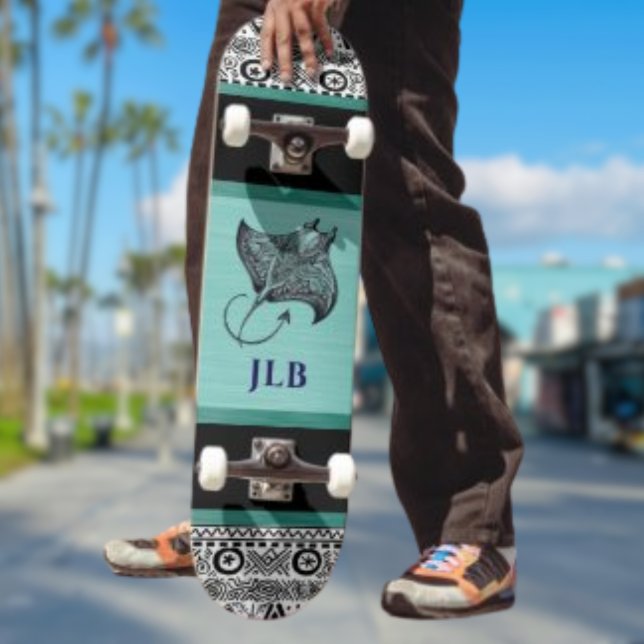 Manta Ray Teal Black White Polynesian w Initial Skateboard (Von Creator hochgeladen)