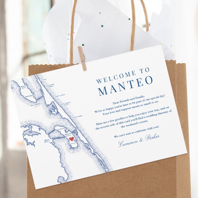 Manteo NC Außenbanks Hochzeitstag Begrüßungsreise Dankeskarte (Manteo NC Map Wedding Welcome Letter and Weekend Events Itinerary with elegant navy blue Outer Banks)
