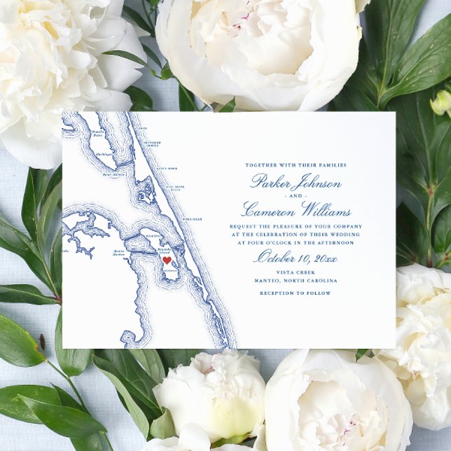 Manteo NC OBX Carte Elégant Mariage de marine (Manteo North Carolina Wedding Invitation with elegant navy blue Outer Banks OBX map )
