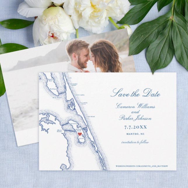 Manteo NC Outer Banks Carte Mariage élégant (Manteo NC Map Save the Dates with elegant navy blue Outer Banks OBX map by Coastal Map Designs)