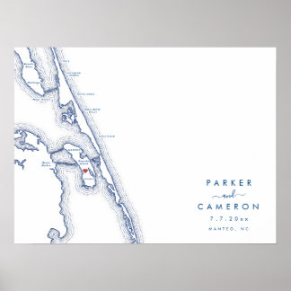 Manteo NC Wedding Map Navy Blue Gästebuchposter Poster