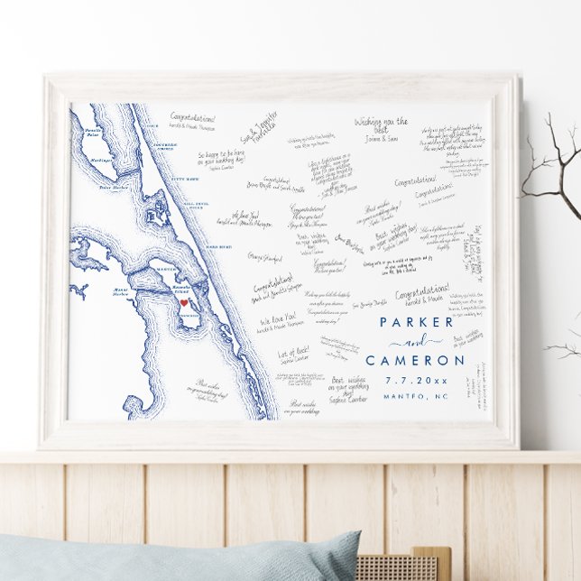 Manteo NC Wedding Map Navy Blue Gästebuchposter Poster (Manteo NC map alternative wedding guest book poster with modern navy blue Outer Banks OBX map)