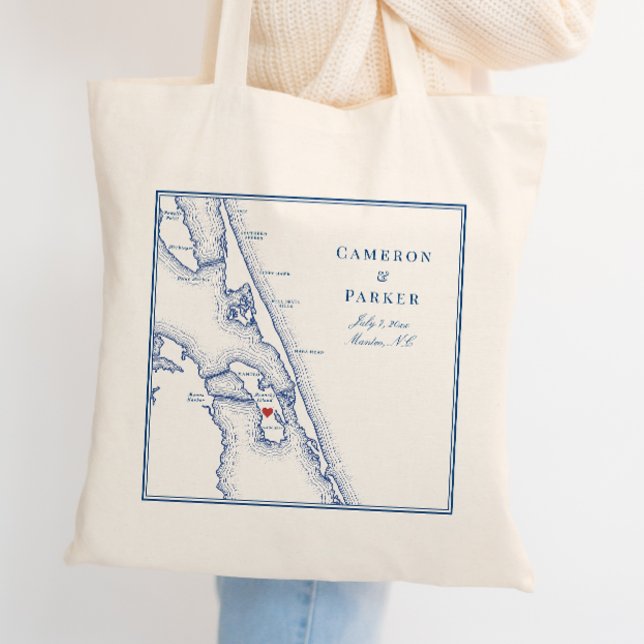 Manteo North Carolina Elegant Marine Wedding Willk Tragetasche (Custom Roanoke Island Wedding Tote Bag with Elegant Manteo North Carolina Map by Coastal Map Designs)