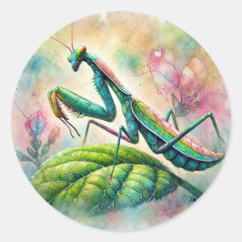 Mantis auf der Wasserfarbe Leaf beten Runder Aufkleber