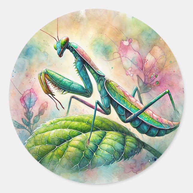 Mantis auf der Wasserfarbe Leaf beten Runder Aufkleber (Vorderseite)