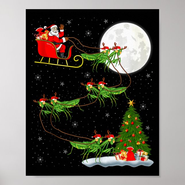 Mantis Insect Santa Sleigh Flying Funny Magical Ch Poster (Vorne)