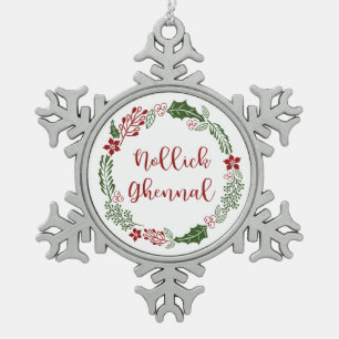 Manx Merry Christmas Wreath, Nollick Ghennal Schneeflocken Zinn-Ornament