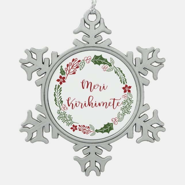 Māori Frohe Weihnachtsfeige, Meri Kirihimete Schneeflocken Zinn-Ornament (Vorderseite)