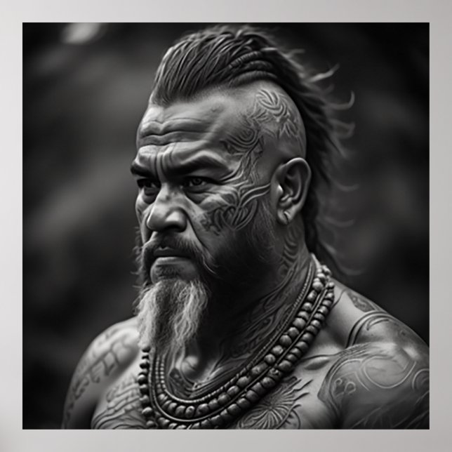 Maori Kriegermeister mit Gefecht Tattoos Poster (Vorne)