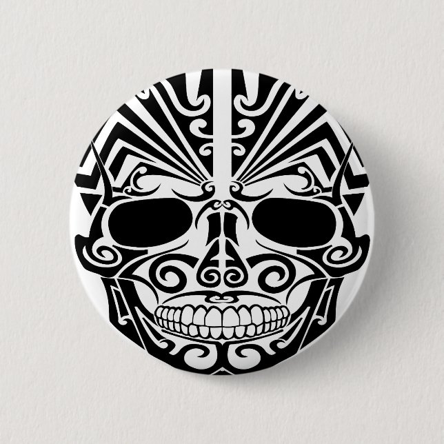 Maori- Tätowierungs-Masken-Schädel Button (Vorderseite)