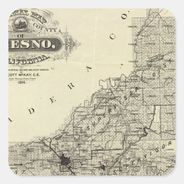 Map Fresno Landkreis, Kalifornien Quadratischer Aufkleber (Vorderseite)