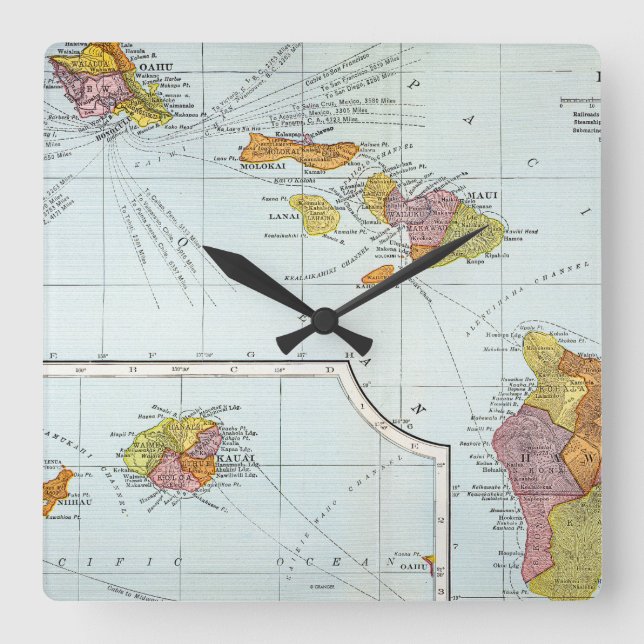 Map: Hawaii, 1905 Quadratische Wanduhr (Vorderseite)