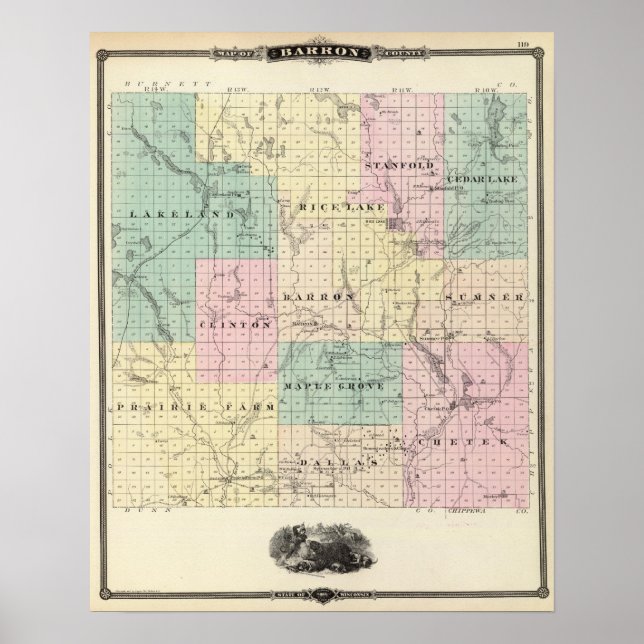 Map of Barron County, State of Wisconsin Poster (Vorne)