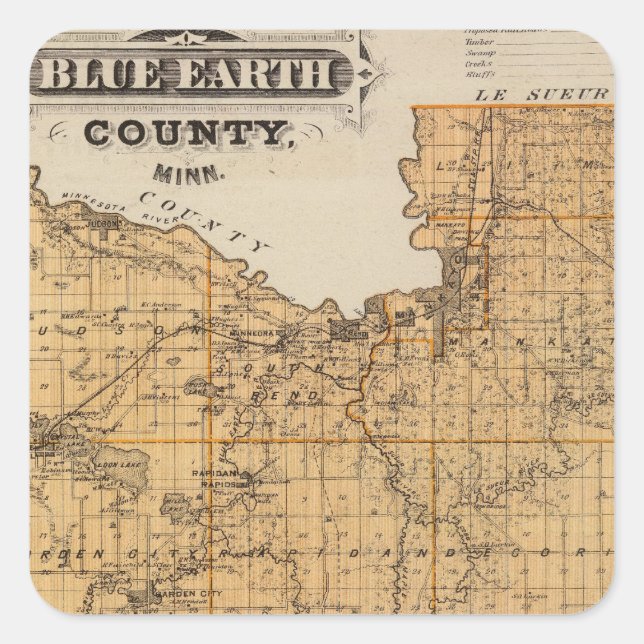 Map of Blue Earth Landkreis, Minnesota Quadratischer Aufkleber (Vorderseite)