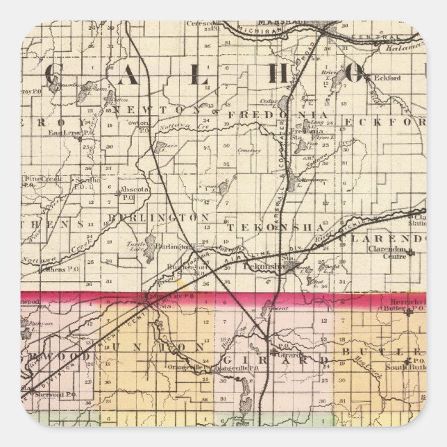 Map of Branch Landkreis, Michigan Quadratischer Aufkleber (Vorderseite)