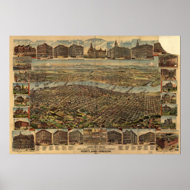 Map of Portland, Birds-Eye View, 1890 Poster (Vorne)