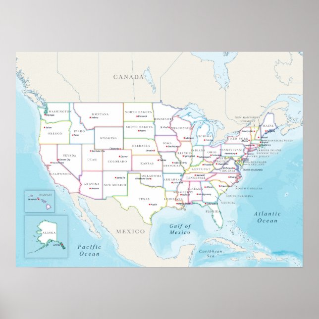 Map of the United States with State Capitals Poster (Vorne)