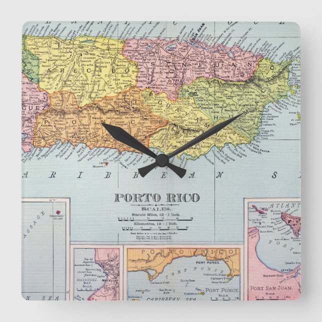 MAP: PUERTO RICO, 1900 QUADRATISCHE WANDUHR (Vorderseite)