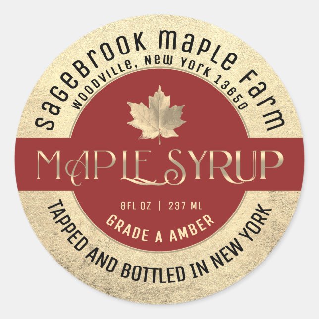 MAPLE SYRUP NOM D'ÉTAT ÉTIQUETTE OR & RED (Devant)
