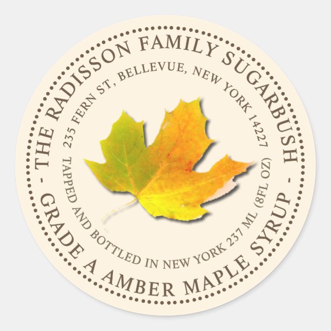 MAPLE SYRUP STAAT NAME ELABEL IVORY RUNDER AUFKLEBER (Vorderseite)