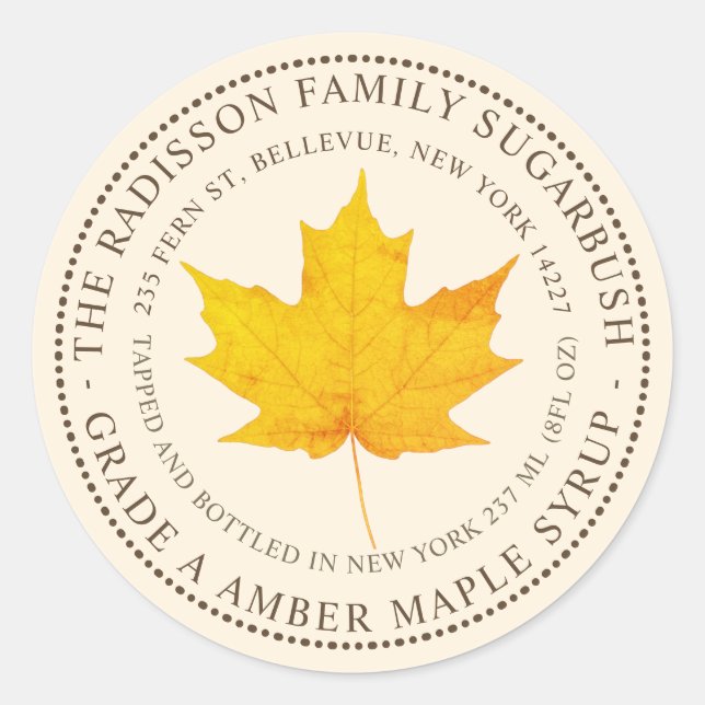 MAPLE SYRUP STAAT NAME ELABEL IVORY RUNDER AUFKLEBER (Vorderseite)