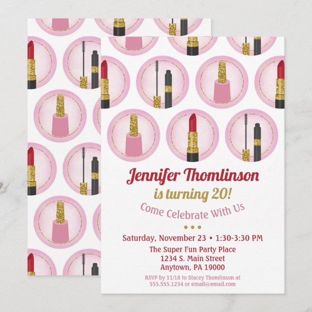 Maquillage rose Cosmétique Anniversaire Invitation (Devant / Derrière)