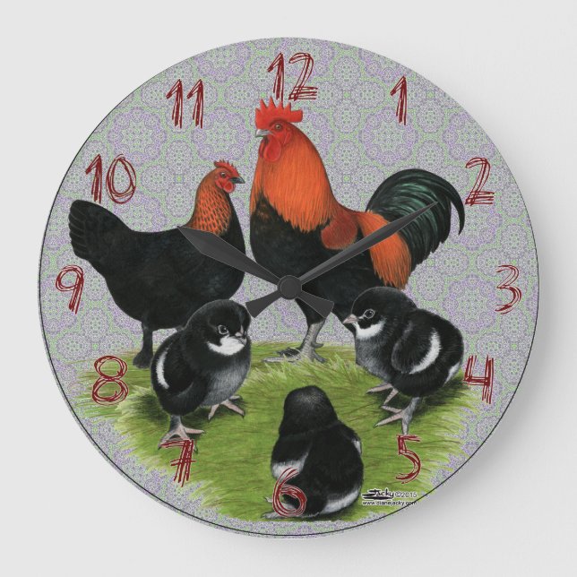 Marans Black Copper Chicken Family Große Wanduhr (Vorderseite)