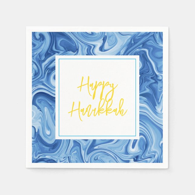 Marbelized Paint Art Blue Happy Hanukkah Yellow Serviette (Vorderseite)