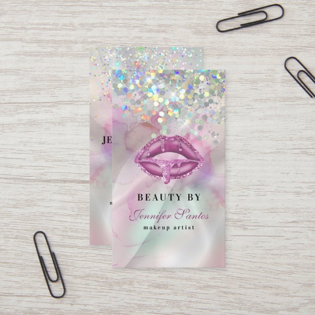 Marbile Holographic Glitzer Lips QR Code Beauty Visitenkarte (Vorderseite/Rückseite Beispiel)
