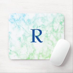 Marble Abstract Blue Green White Monogram Ombre Mousepad