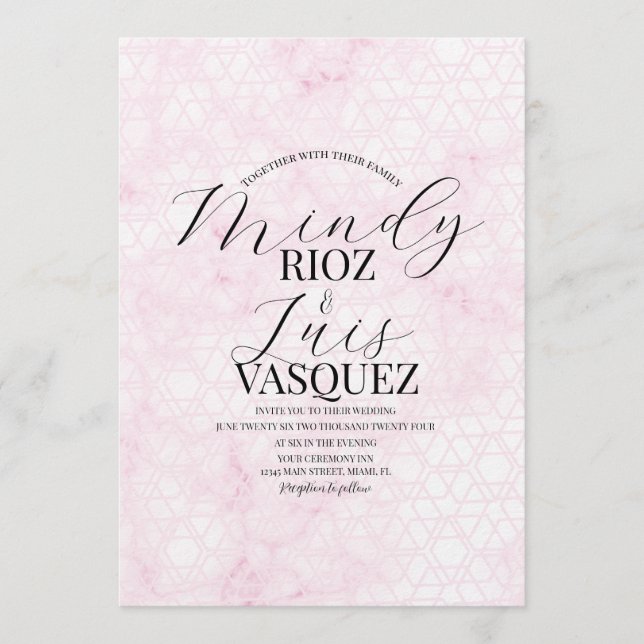 Marble Abstract Pink Wedding Script Black  Einladung (Vorderseite)